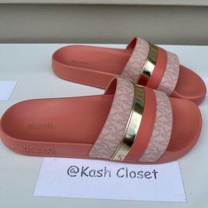 Michael Kors Brandy Metallic Striped Logo Slide Sandal- Sherbert